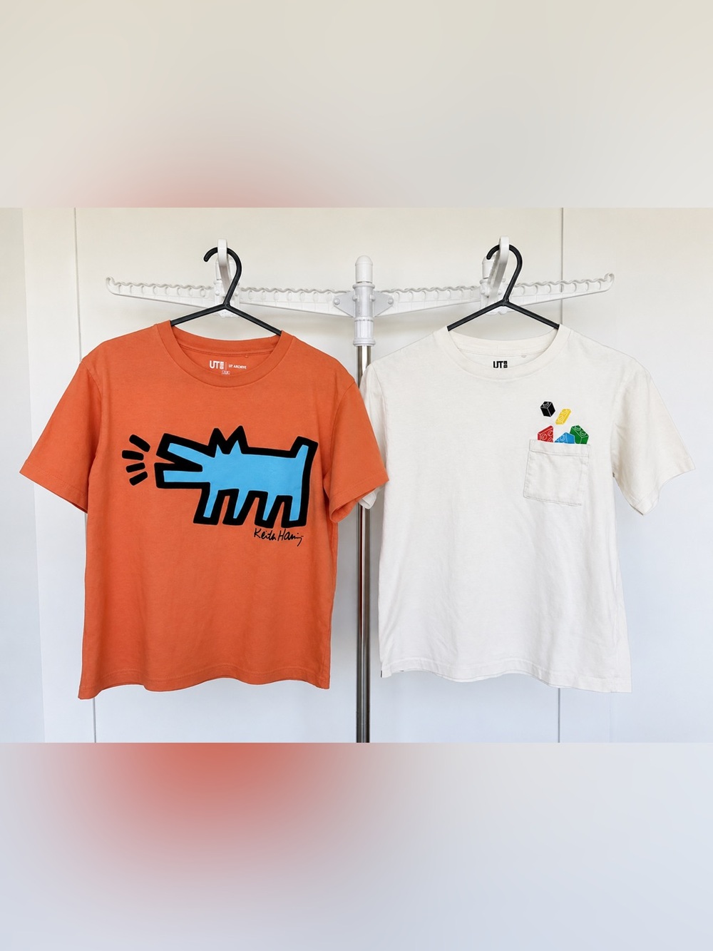 Uniqlo 2 Boy Tees, size 9-10 with Blue Keith Haring and Lego design